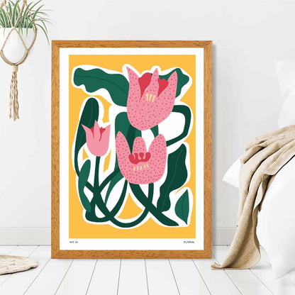 Boho Floral Yellow, Pink Floral Shapes Art Print | Wall Art Plaza UK