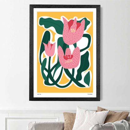 Boho Floral Yellow, Pink Floral Shapes Art Print | Wall Art Plaza UK