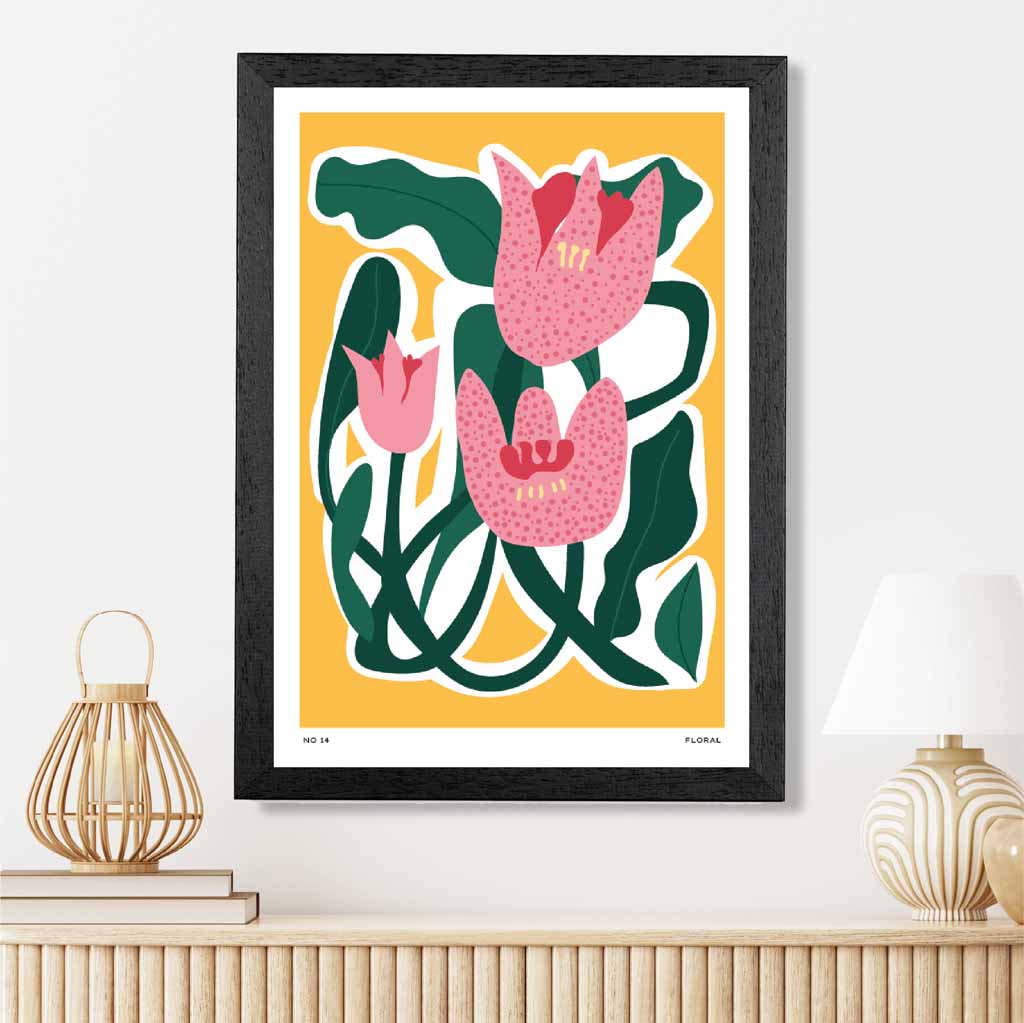 Boho Floral Yellow, Pink Floral Shapes Art Print | Wall Art Plaza UK