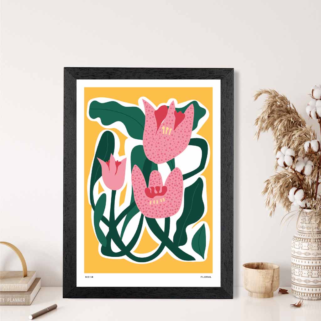 Boho Floral Yellow, Pink Floral Shapes Art Print | Wall Art Plaza UK