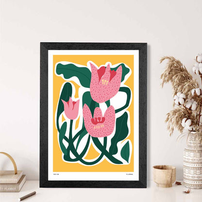 Boho Floral Yellow, Pink Floral Shapes Art Print | Wall Art Plaza UK