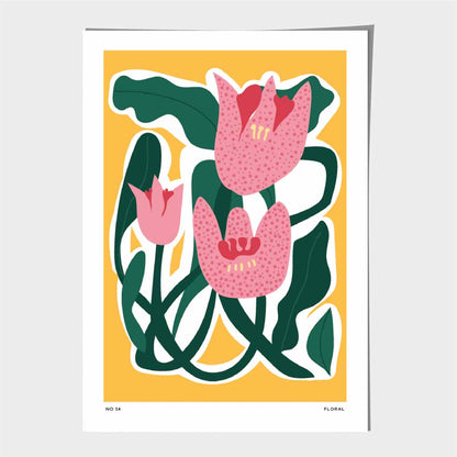 Boho Floral Yellow, Pink Floral Shapes Art Print | Wall Art Plaza UK