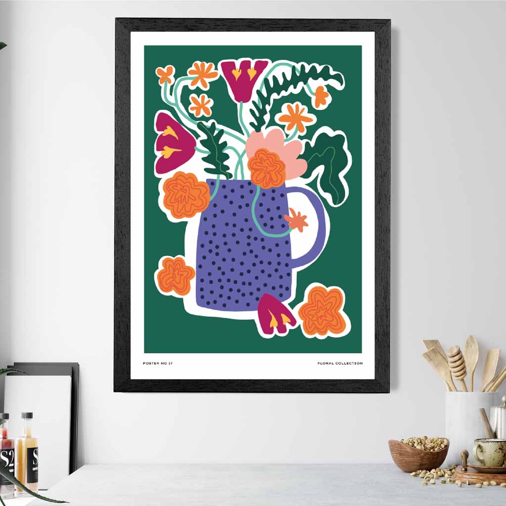 Boho Floral Green, Purple Flower Arrangement Art Print | Wall Art Plaza UK