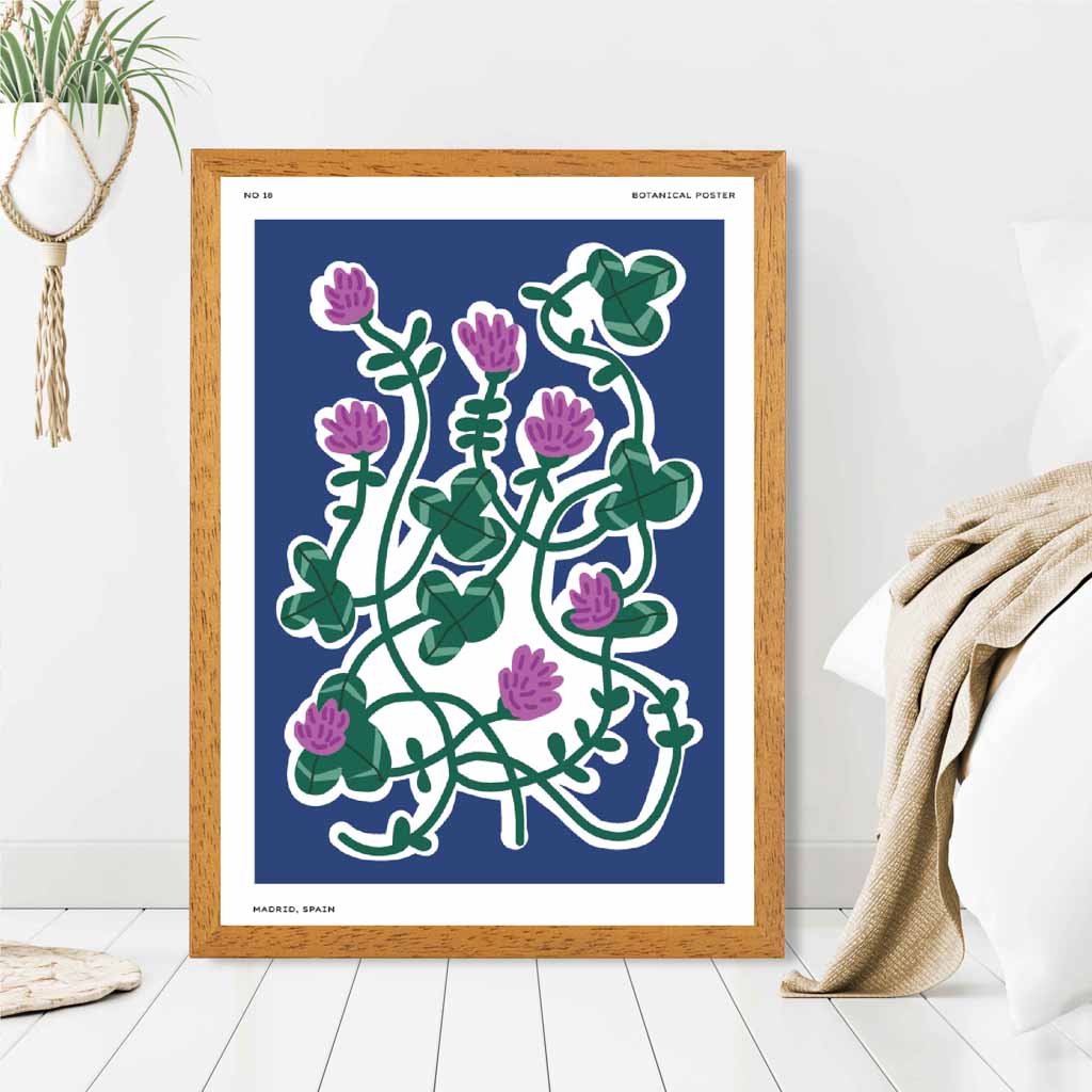 Boho Floral Blue, Purple Clover Art Print | Wall Art Plaza UK