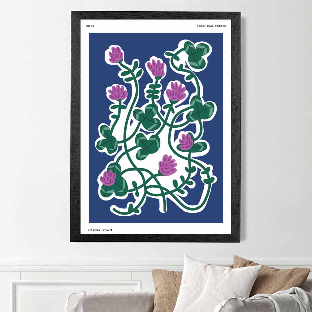 Boho Floral Blue, Purple Clover Art Print | Wall Art Plaza UK