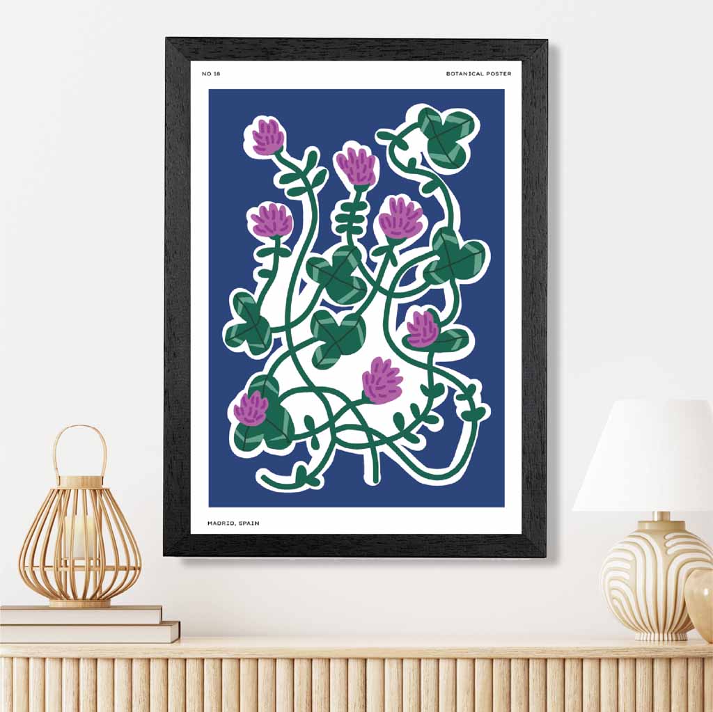 Boho Floral Blue, Purple Clover Art Print | Wall Art Plaza UK