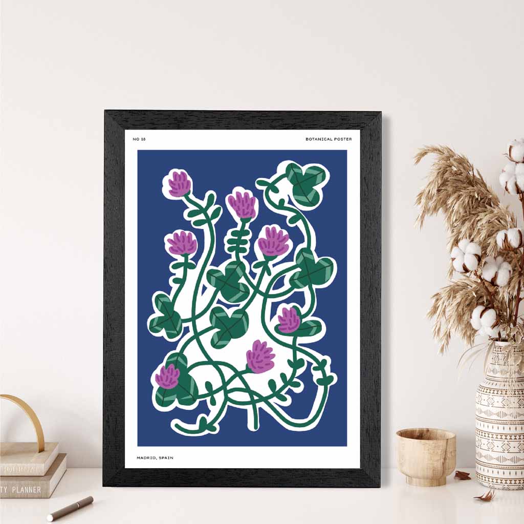 Boho Floral Blue, Purple Clover Art Print | Wall Art Plaza UK