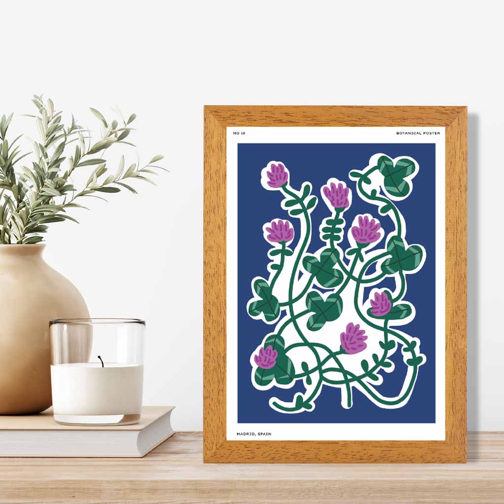 Boho Floral Blue, Purple Clover Art Print | Wall Art Plaza UK