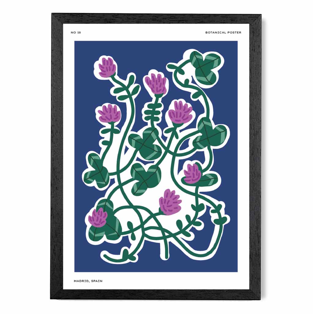 Boho Floral Blue, Purple Clover Art Print | Wall Art Plaza UK