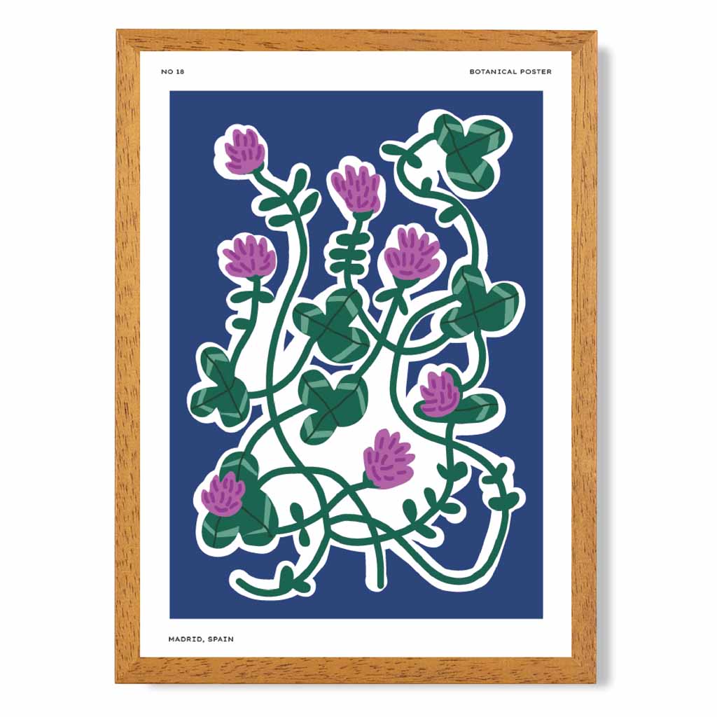 Boho Floral Blue, Purple Clover Art Print | Wall Art Plaza UK