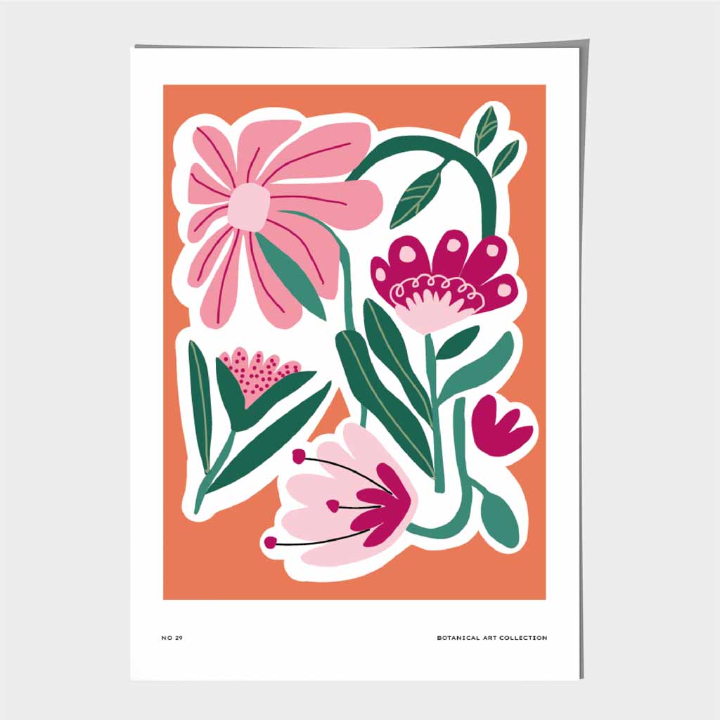 Modern Floral Orange, Pink Flower Exhibition Art Print | Wall Art Plaza UK