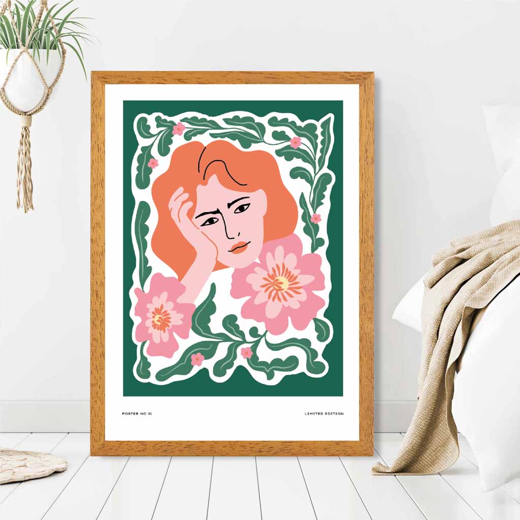 Modern Fashion Green, Pink Flower Girl Art Print | Wall Art Plaza UK