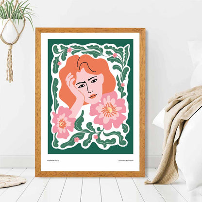 Modern Fashion Green, Pink Flower Girl Art Print | Wall Art Plaza UK