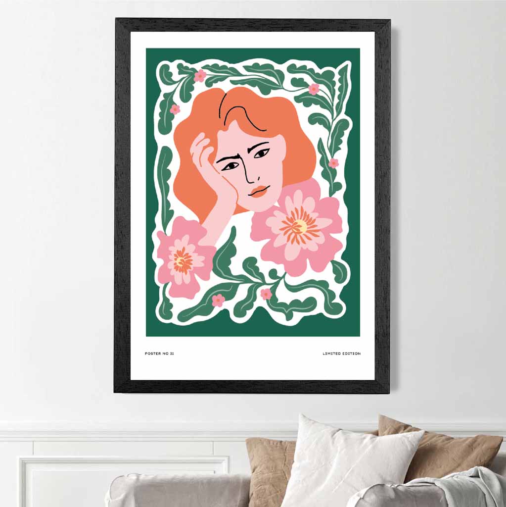 Modern Fashion Green, Pink Flower Girl Art Print | Wall Art Plaza UK