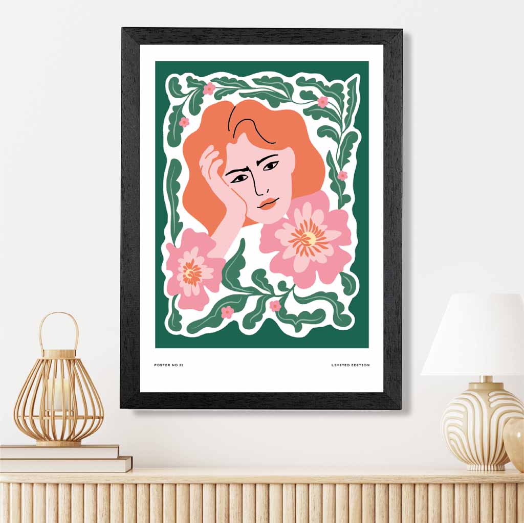 Modern Fashion Green, Pink Flower Girl Art Print | Wall Art Plaza UK