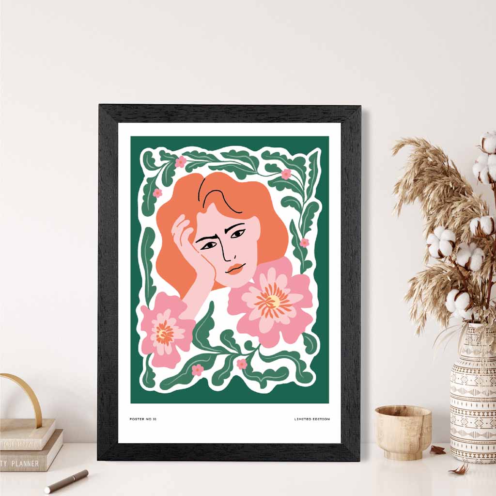 Modern Fashion Green, Pink Flower Girl Art Print | Wall Art Plaza UK