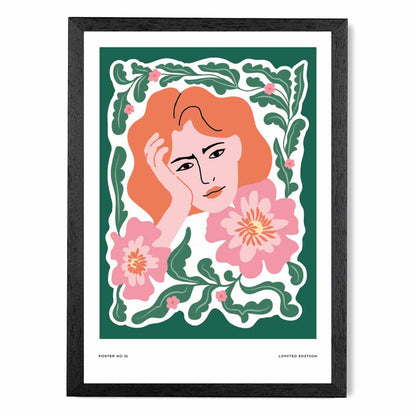 Modern Fashion Green, Pink Flower Girl Art Print | Wall Art Plaza UK