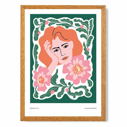 Modern Fashion Green, Pink Flower Girl Art Print | Wall Art Plaza UK