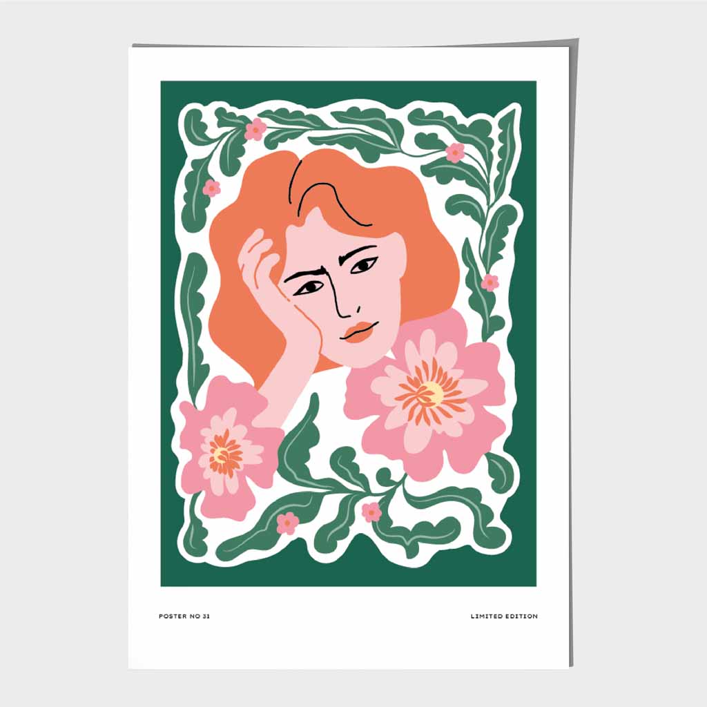 Modern Fashion Green, Pink Flower Girl Art Print | Wall Art Plaza UK