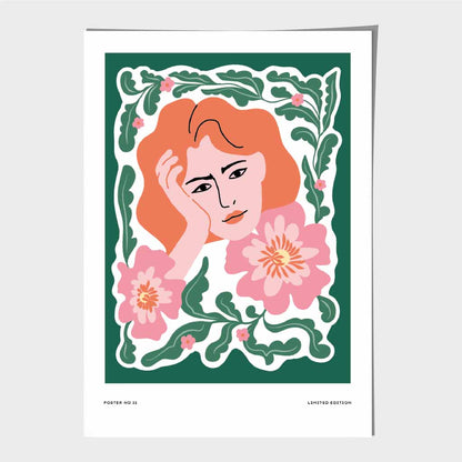 Modern Fashion Green, Pink Flower Girl Art Print | Wall Art Plaza UK