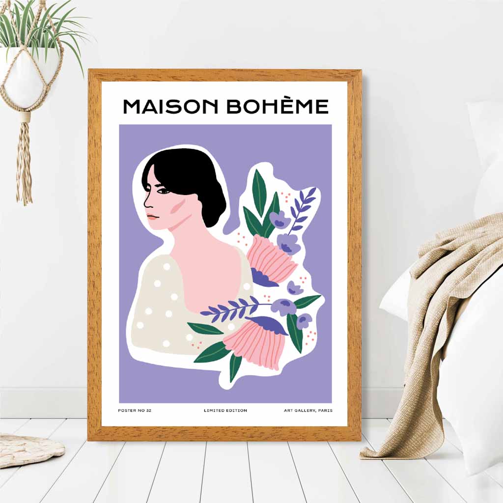 Modern Floral Purple, Pink Flower Girl Art Print | Wall Art Plaza UK