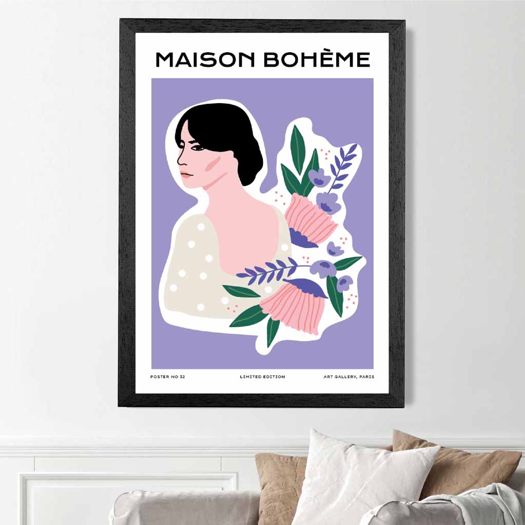 Modern Floral Purple, Pink Flower Girl Art Print | Wall Art Plaza UK