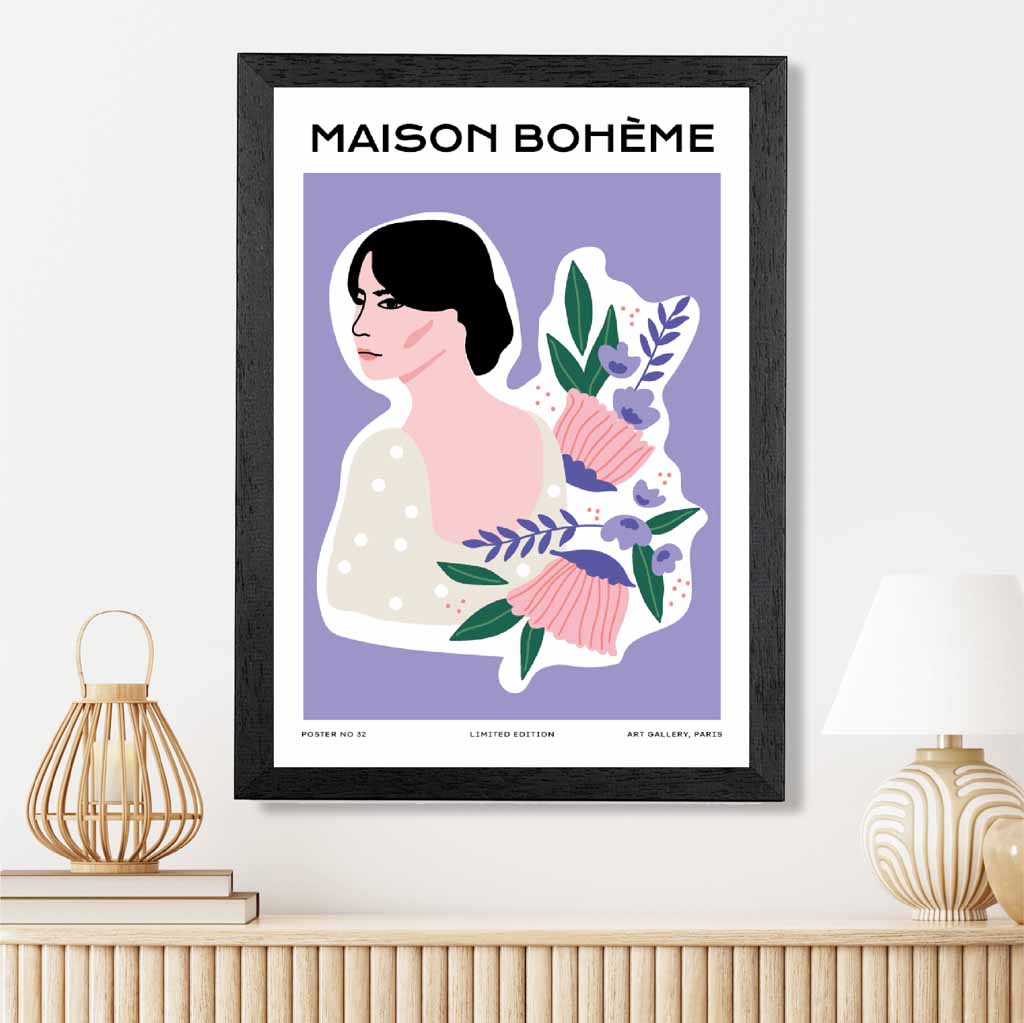 Modern Floral Purple, Pink Flower Girl Art Print | Wall Art Plaza UK