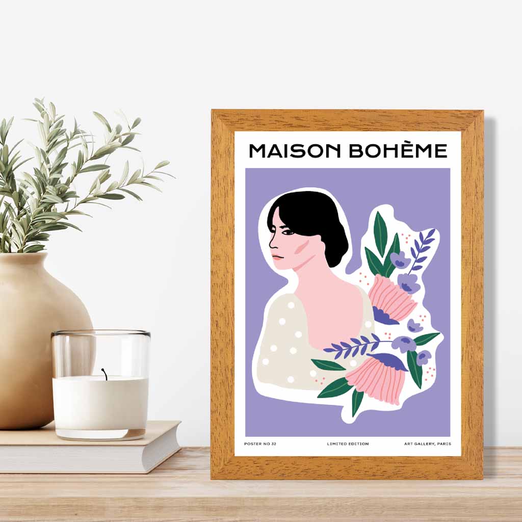 Modern Floral Purple, Pink Flower Girl Art Print | Wall Art Plaza UK