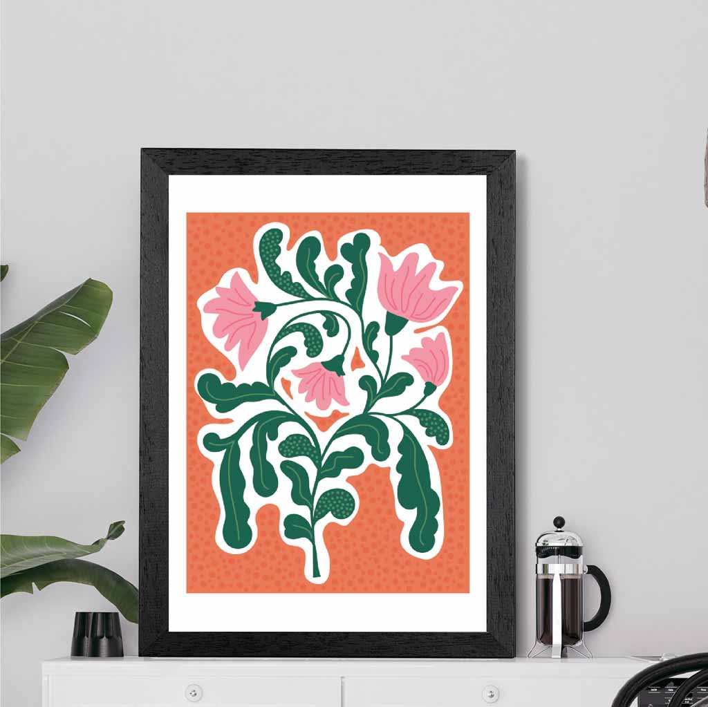 Boho Orange, Pink Floral Shapes Art Poster | Wall Art Plaza UK