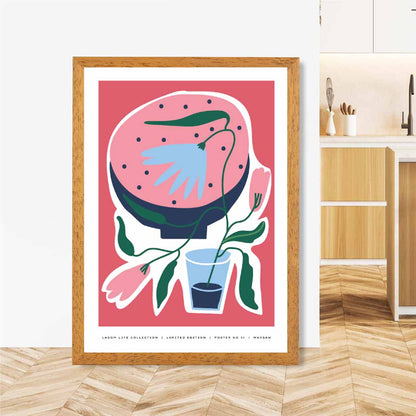 Boho Art Pink, Blue Floral Shapes Art Print | Wall Art Plaza UK