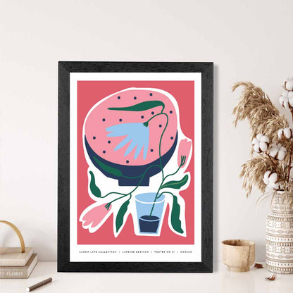 Boho Art Pink, Blue Floral Shapes Art Print | Wall Art Plaza UK