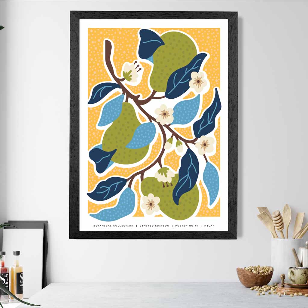 Modern Milan Blue, Yellow Flowers Art Poster | Wall Art Plaza UK