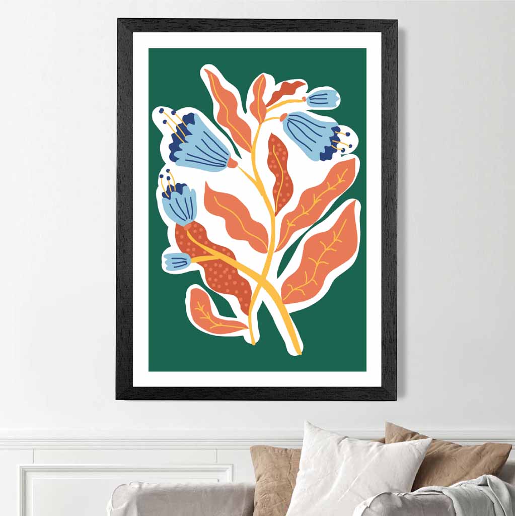 Modern Floral Green, Orange Flower Exhibition Art Poster | Wall Art Plaza UK