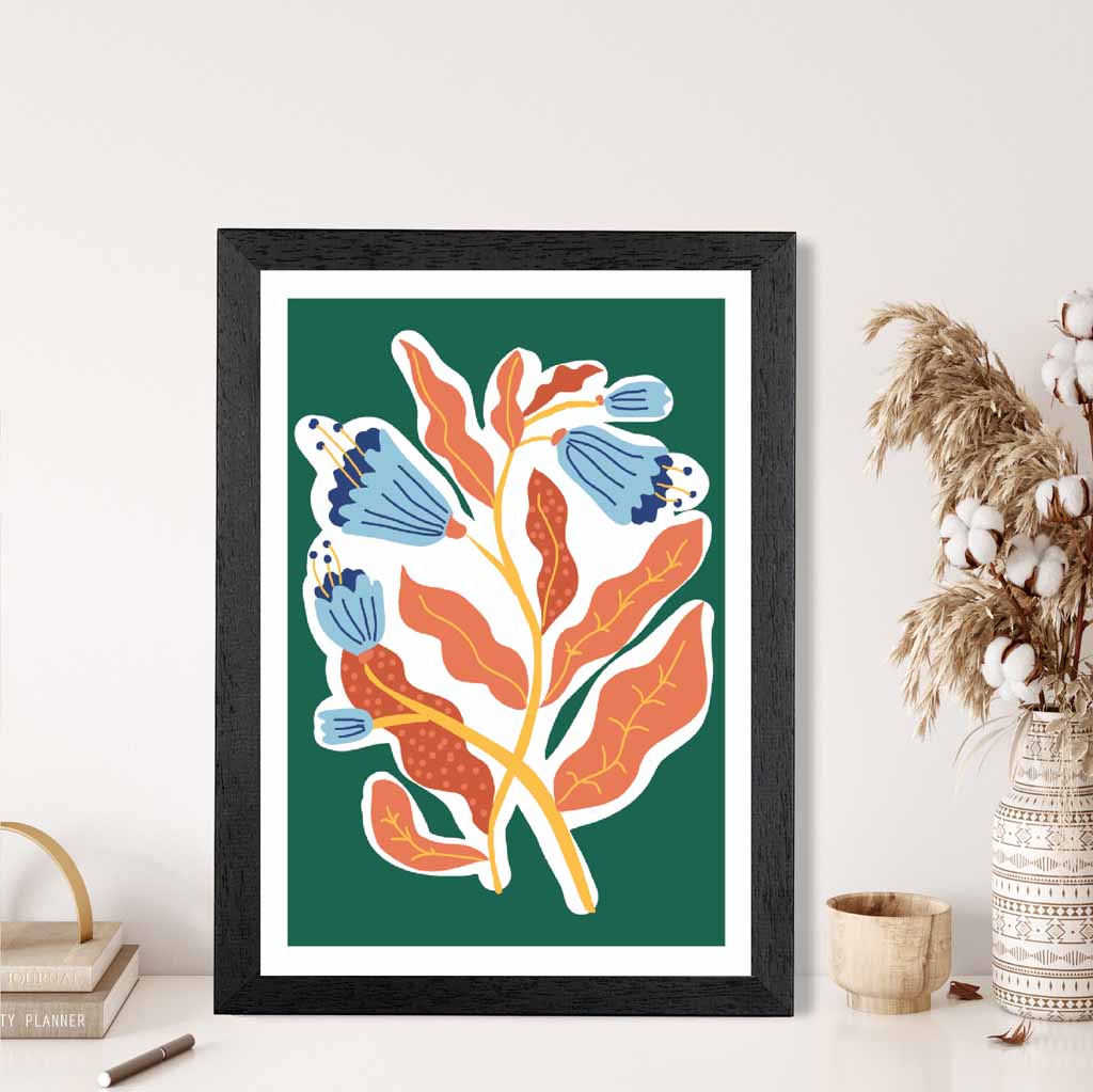 Modern Floral Green, Orange Flower Exhibition Art Poster | Wall Art Plaza UK