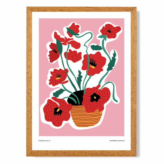 Modern Floral Pink, Red Poppy Style Art Print | Wall Art Plaza UK