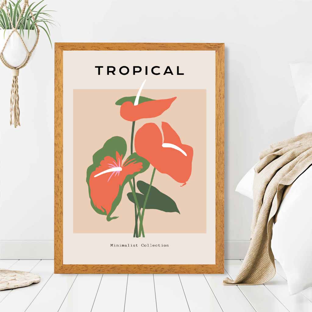 Simple Floral Beige, Orange Tropical Flower Art Print | Wall Art Plaza UK