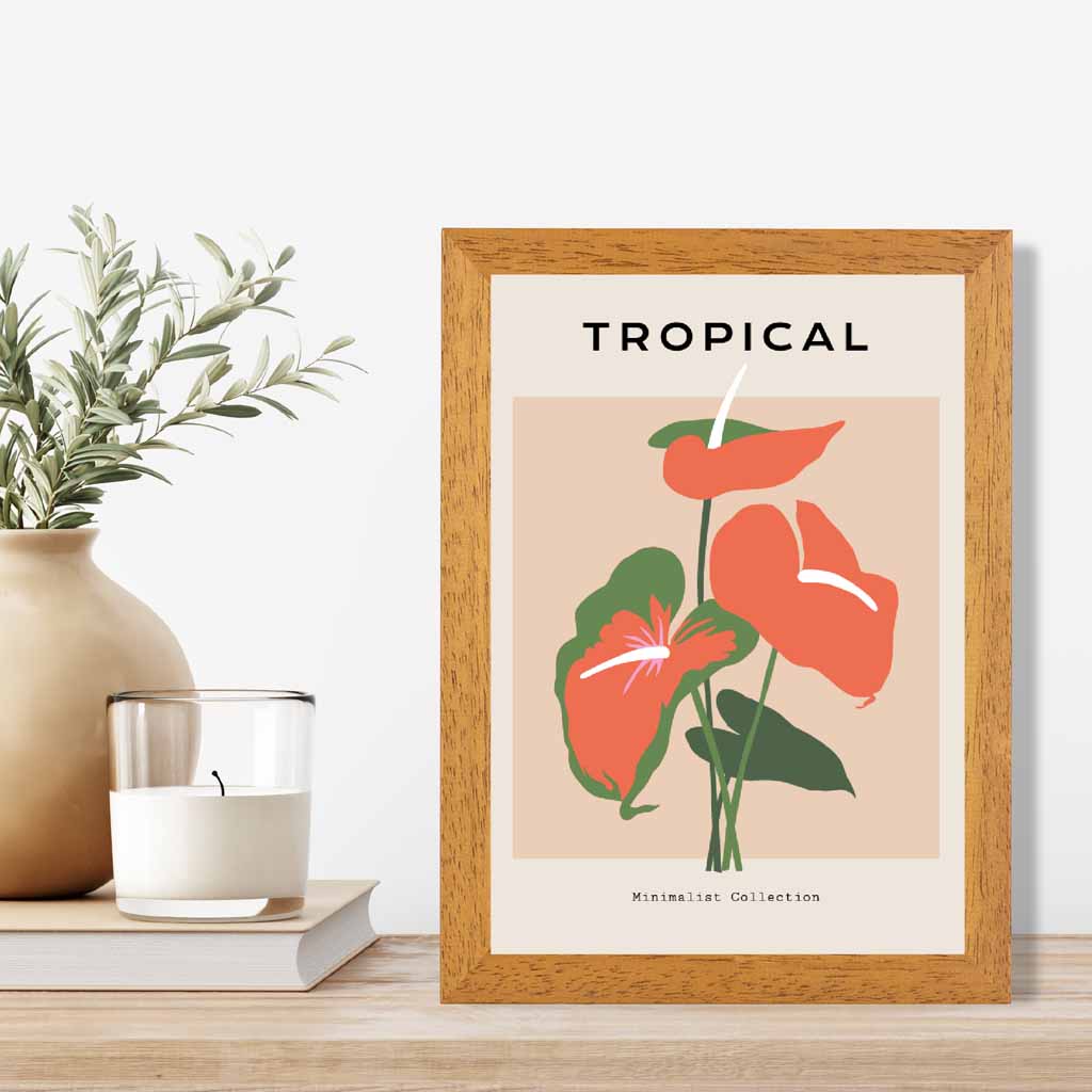 Simple Floral Beige, Orange Tropical Flower Art Print | Wall Art Plaza UK