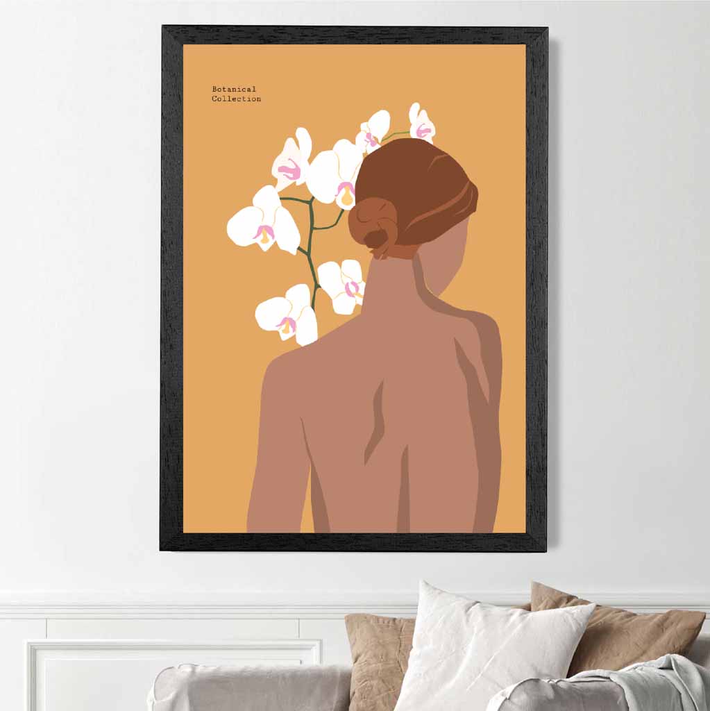 Modern Art Yellow,  Lady and Orchids  Art Poster | Wall Art Plaza UK