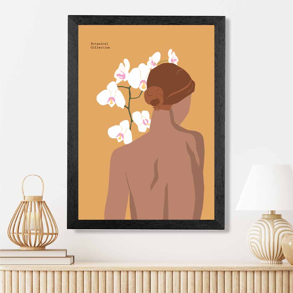 Modern Art Yellow,  Lady and Orchids  Art Poster | Wall Art Plaza UK