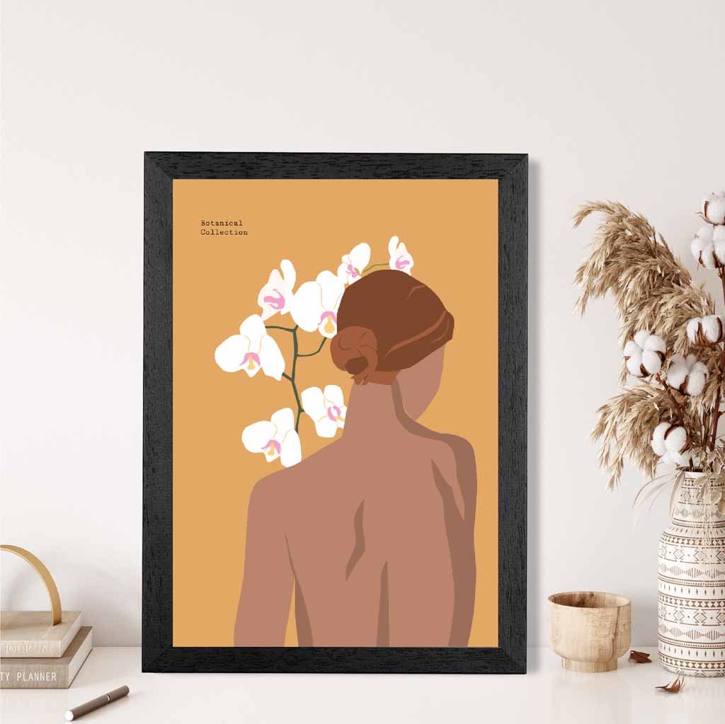 Modern Art Yellow,  Lady and Orchids  Art Poster | Wall Art Plaza UK