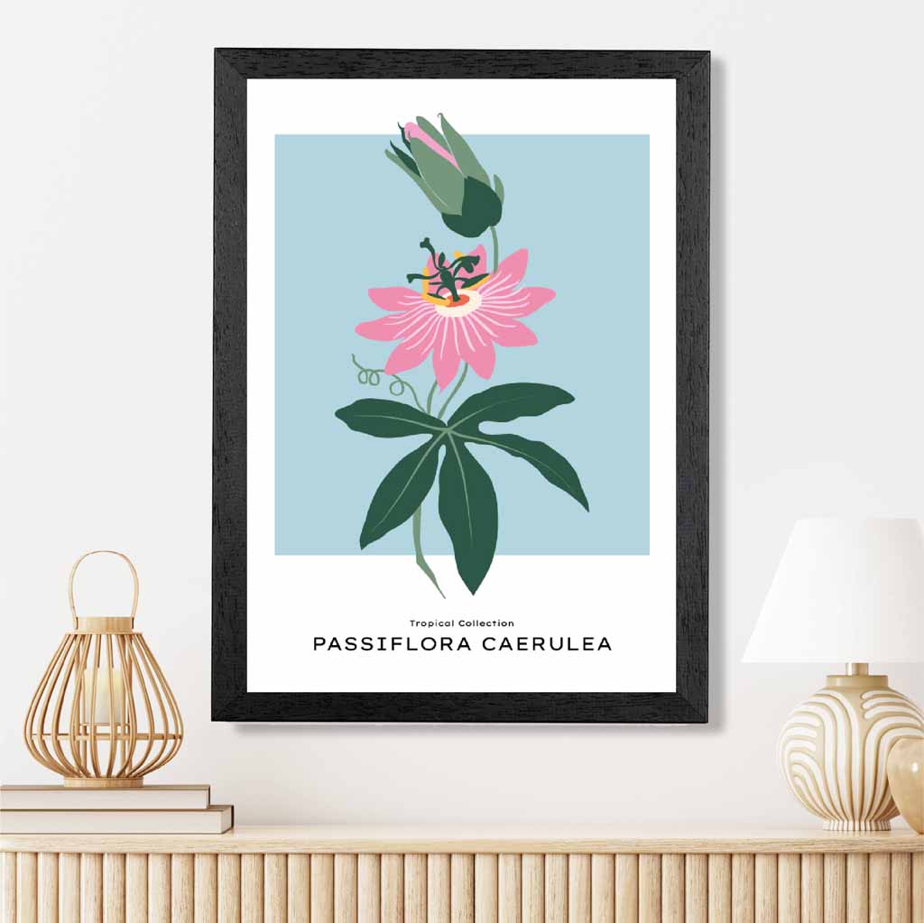 Modern Floral Blue, Pink Passion Flower Art Print | Wall Art Plaza UK