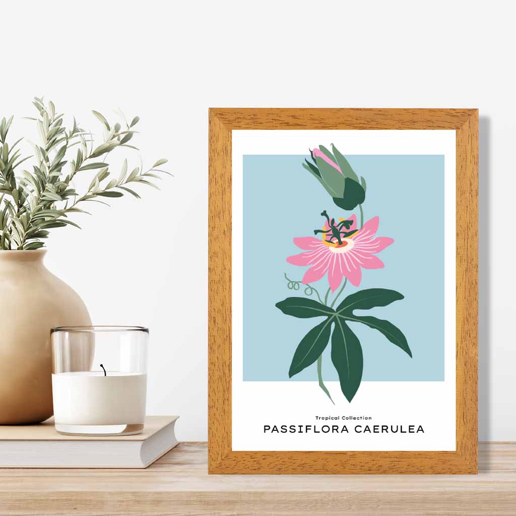 Modern Floral Blue, Pink Passion Flower Art Print | Wall Art Plaza UK