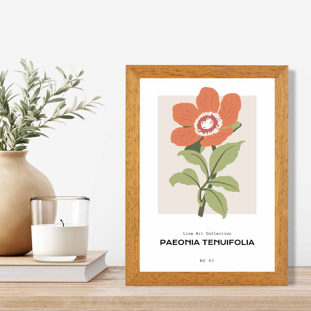 Modern Floral Orange, Green Fernleaf Peony Flower Art Print | Wall Art Plaza UK