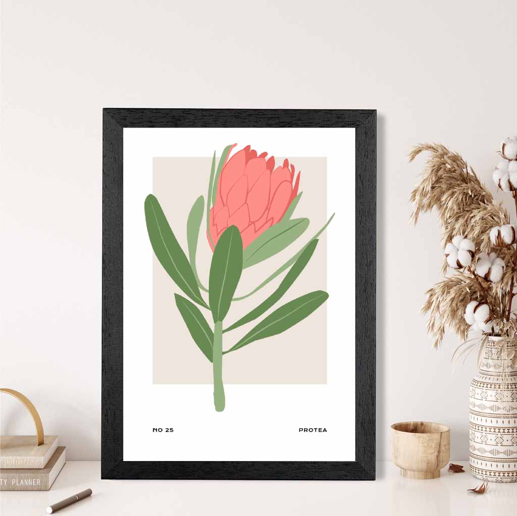 Exotic Floral Green, Pink Sugar Bush Flower Art Poster | Wall Art Plaza UK