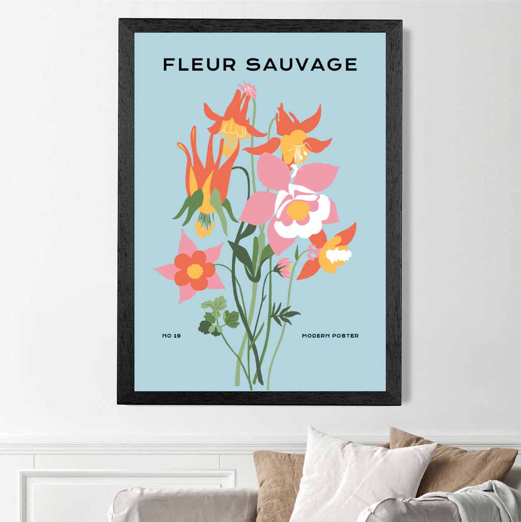 Modern Floral Blue, Colourful Wild Flowers Art Print | Wall Art Plaza UK