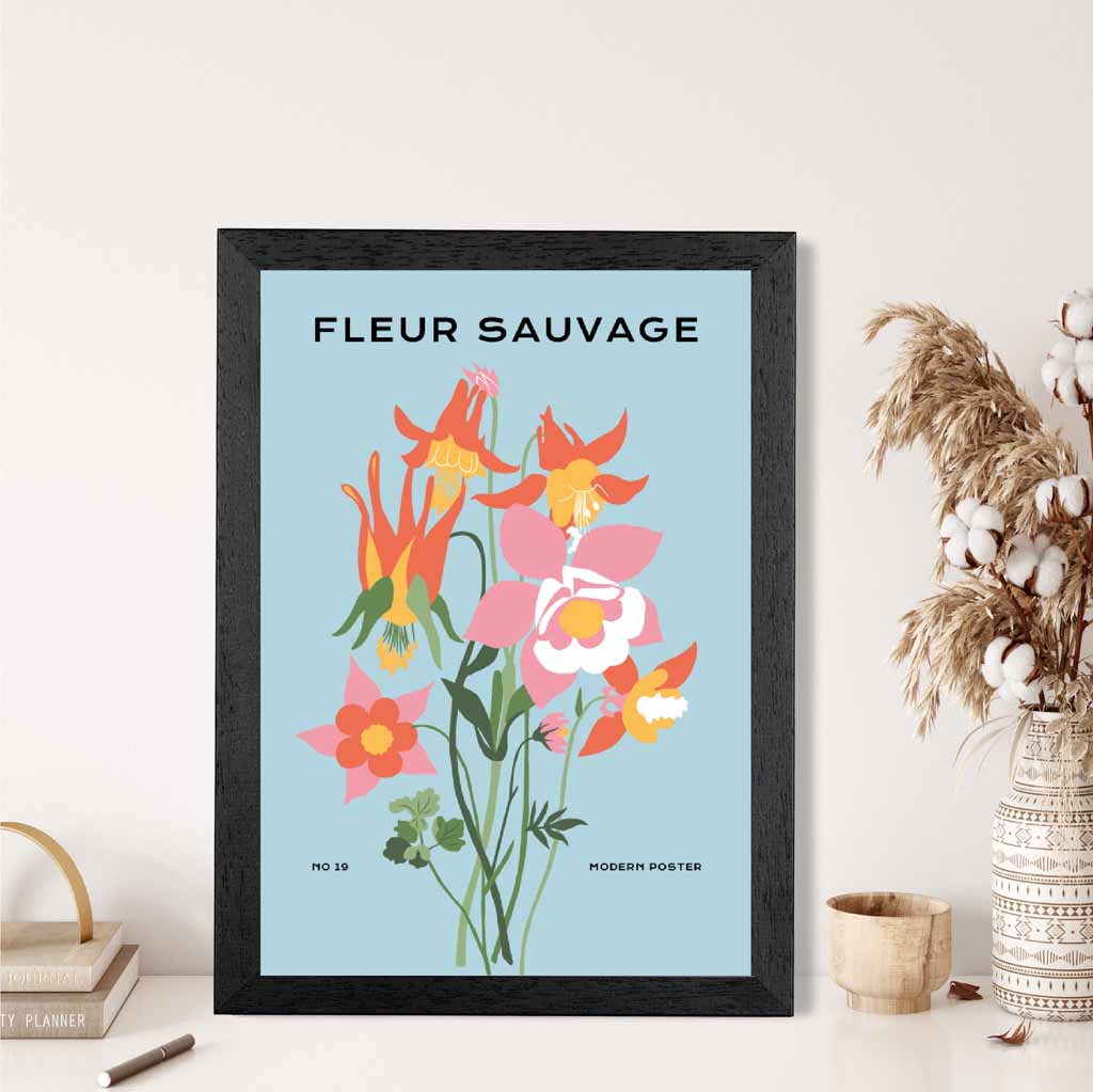 Modern Floral Blue, Colourful Wild Flowers Art Print | Wall Art Plaza UK