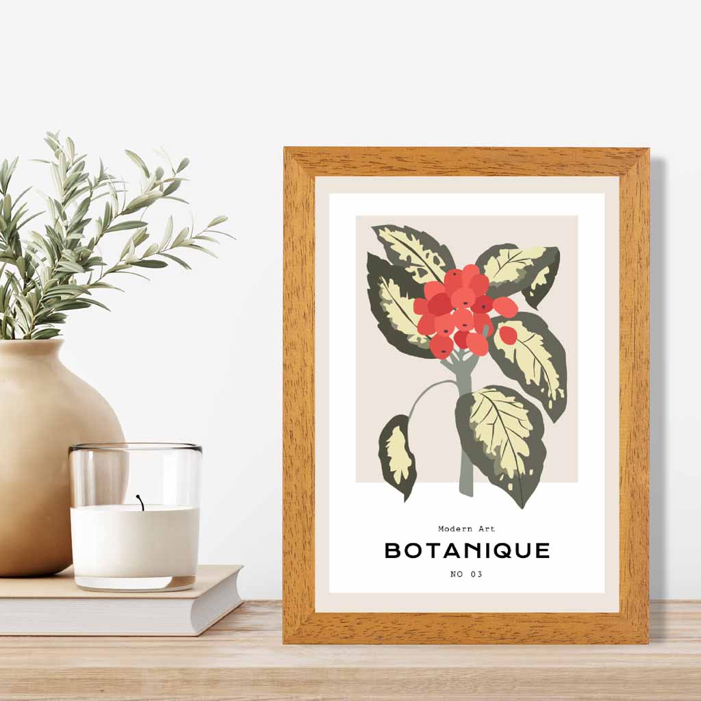 Modern Floral Beige, Red Japanese Laurel Art Poster | Wall Art Plaza UK