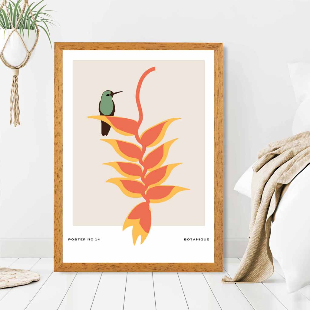 Modern Art Beige, Orange Tropical with Bird Art Print | Wall Art Plaza UK