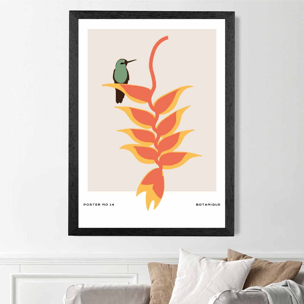 Modern Art Beige, Orange Tropical with Bird Art Print | Wall Art Plaza UK