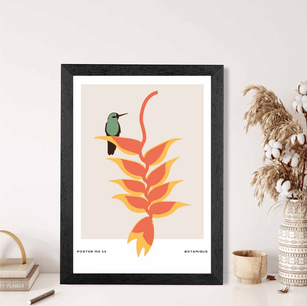 Modern Art Beige, Orange Tropical with Bird Art Print | Wall Art Plaza UK